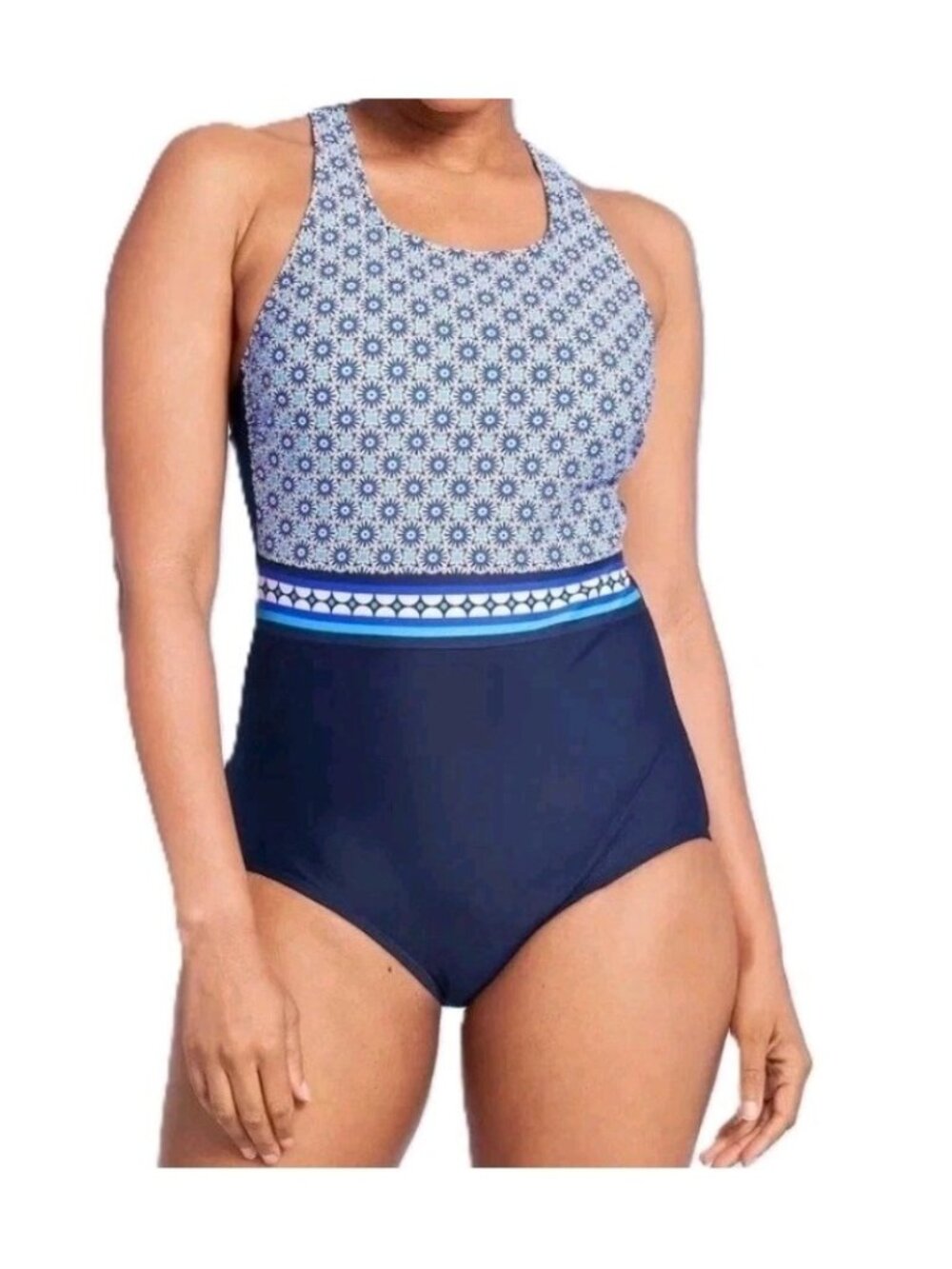 Lands End Geo Print High Neck Swimsuit Full Coverage Blue Sz XS 2-4 Criss Cross